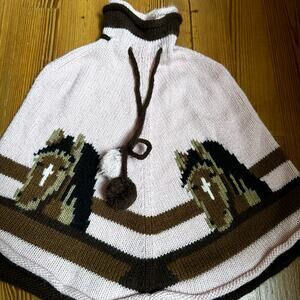 Perykids pink brown knit horse pull over poncho SIZE M